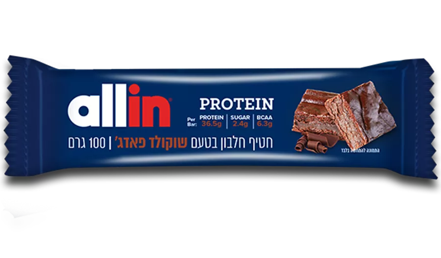 חטיף חלבון בטעם שוקולד פאדג' ‎ALLIN‎ ‎CHOCOLA‎ ‎FUDGE‎ ‎100‎G