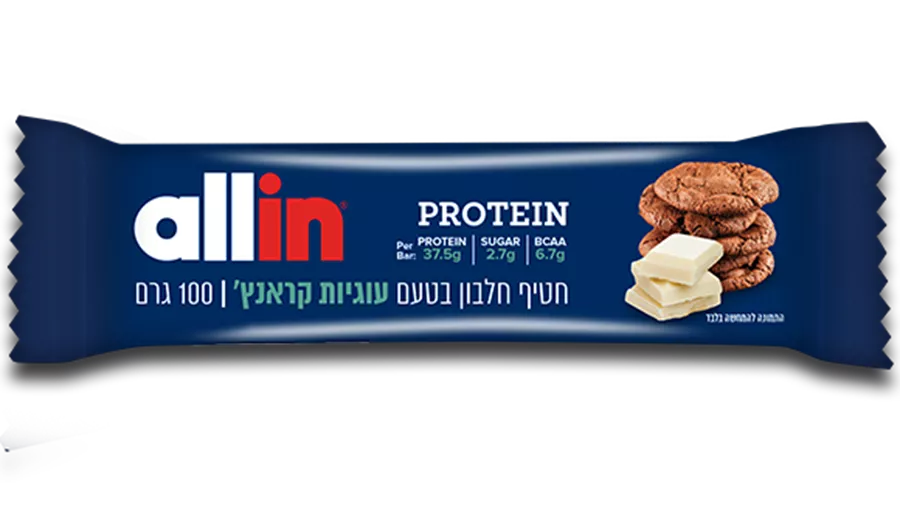 חטיף חלבון בטעם עוגיות קראנץ' ‎ALLIN‎ ‎COOKIE‎ ‎CRUNCH‎ ‎100‎G